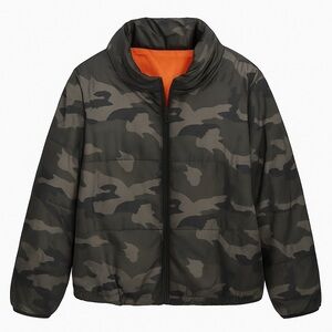Camo Puffer Jacket with Orange Lining